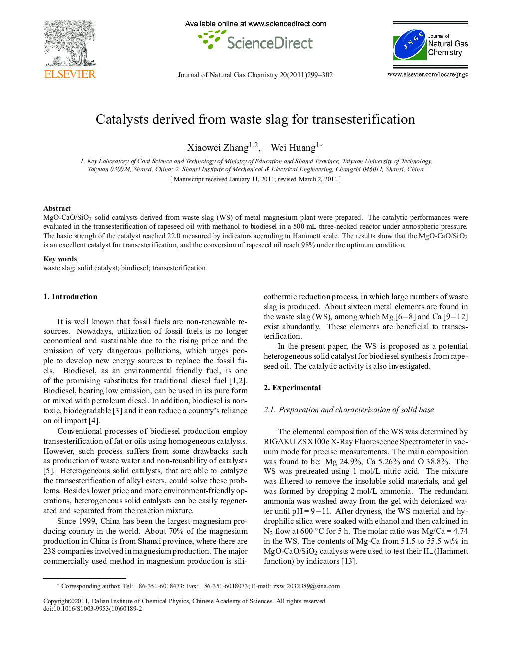 Catalysts derived from waste slag for transesterification