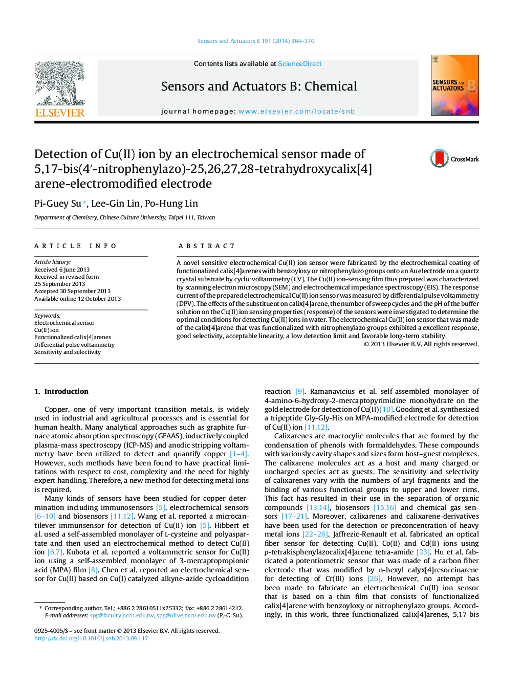 Detection of Cu(II) ion by an electrochemical sensor made of 5,17-bis(4â²-nitrophenylazo)-25,26,27,28-tetrahydroxycalix[4]arene-electromodified electrode