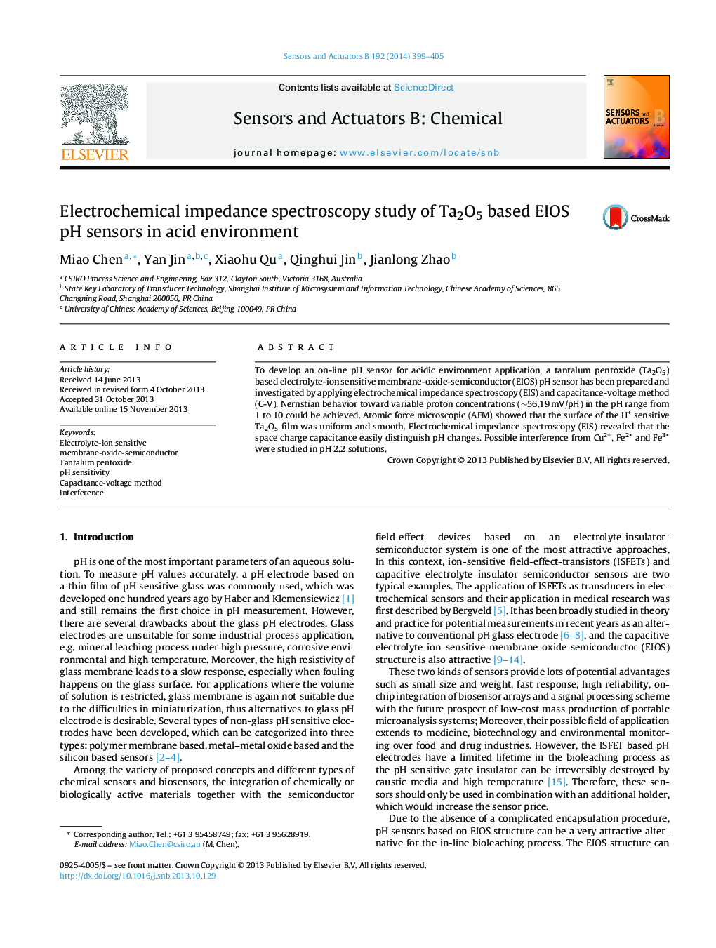 Electrochemical impedance spectroscopy study of Ta2O5 based EIOS pH sensors in acid environment