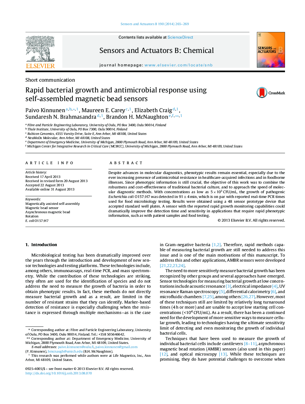 Rapid bacterial growth and antimicrobial response using self-assembled magnetic bead sensors