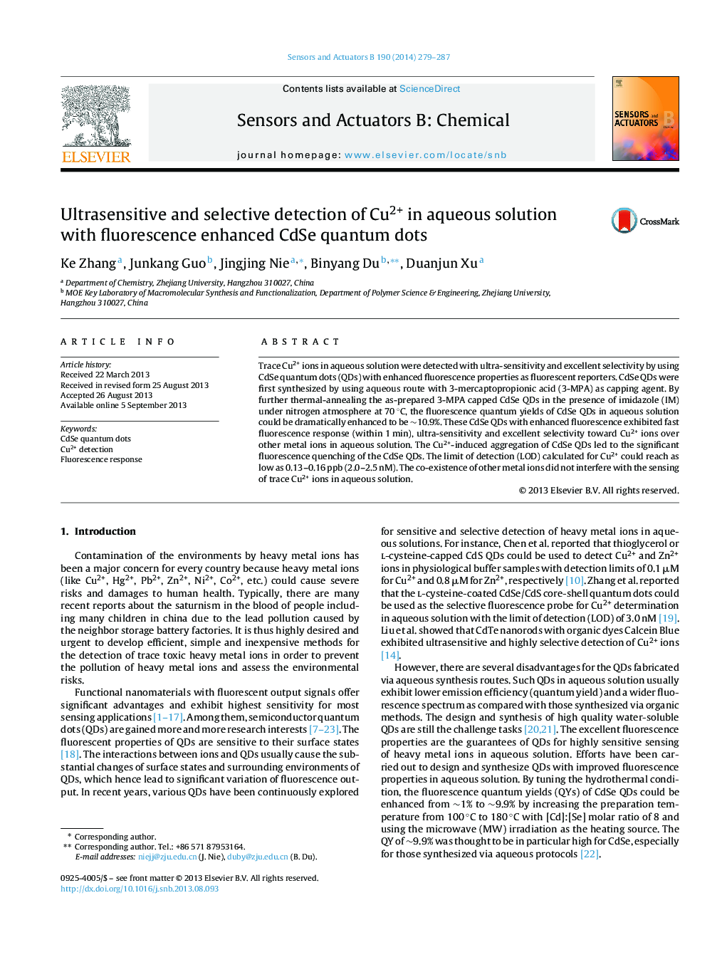 Ultrasensitive and selective detection of Cu2+ in aqueous solution with fluorescence enhanced CdSe quantum dots