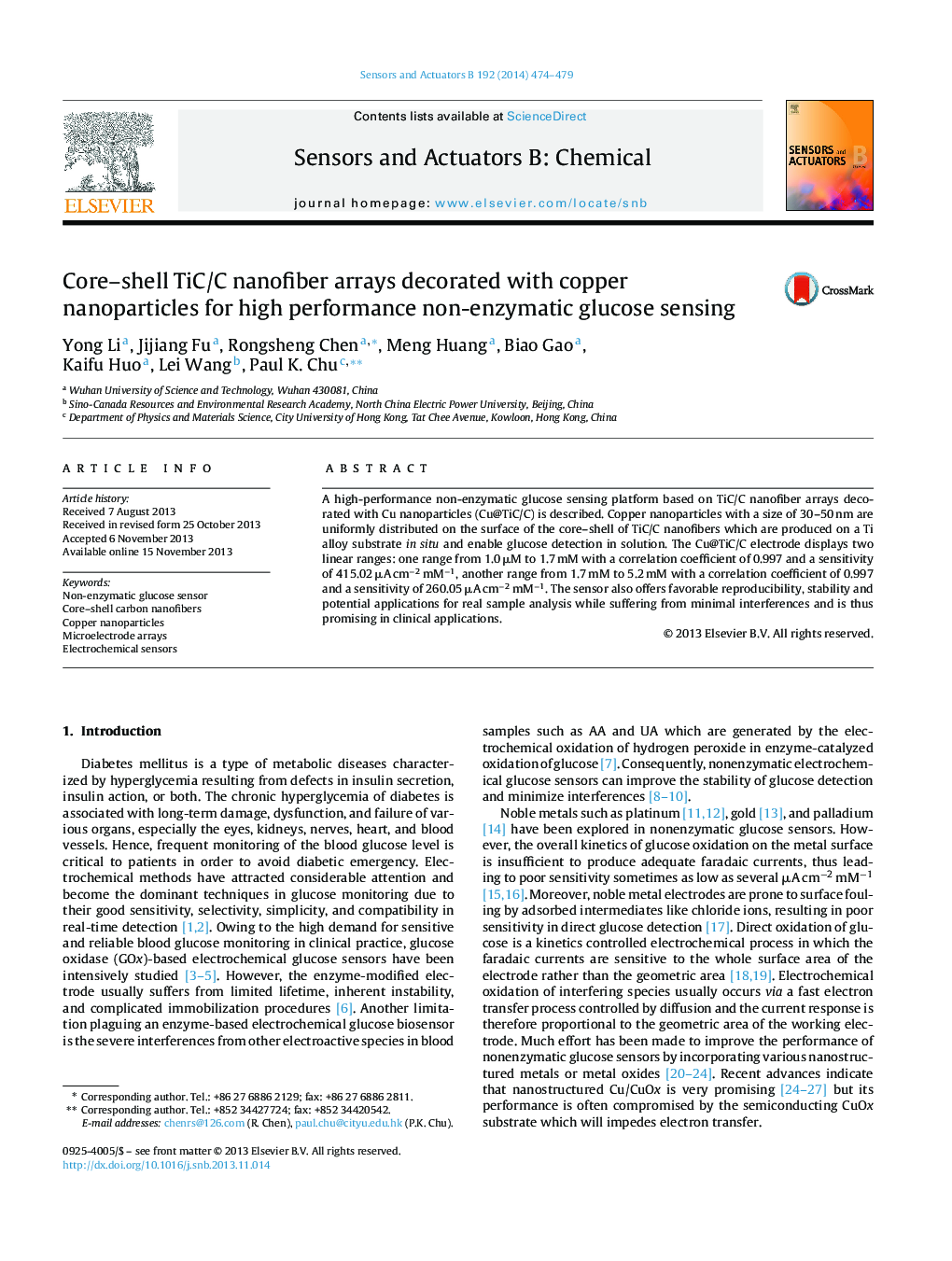 Core-shell TiC/C nanofiber arrays decorated with copper nanoparticles for high performance non-enzymatic glucose sensing