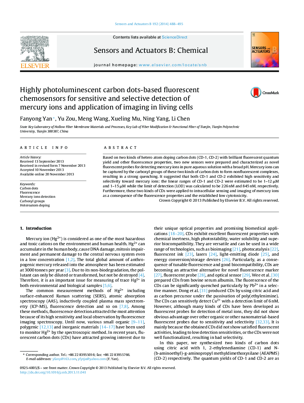 Highly photoluminescent carbon dots-based fluorescent chemosensors for sensitive and selective detection of mercury ions and application of imaging in living cells