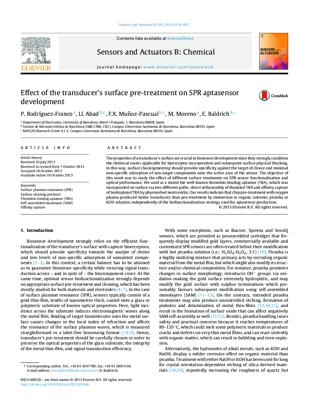 Effect of the transducer's surface pre-treatment on SPR aptasensor development