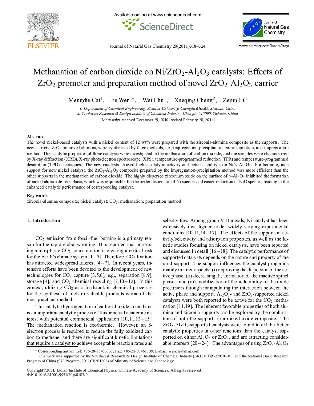 Methanation of carbon dioxide on Ni/ZrO2-Al2O3 catalysts: Effects of ZrO2 promoter and preparation method of novel ZrO2-Al2O3 carrier 