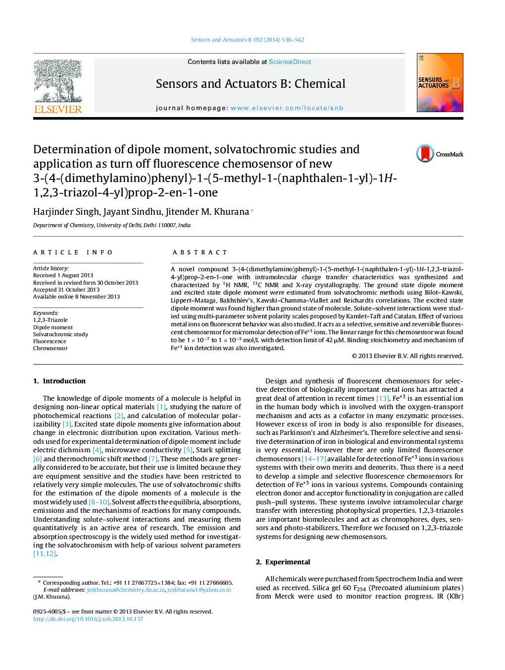 Determination of dipole moment, solvatochromic studies and application as turn off fluorescence chemosensor of new 3-(4-(dimethylamino)phenyl)-1-(5-methyl-1-(naphthalen-1-yl)-1H-1,2,3-triazol-4-yl)prop-2-en-1-one