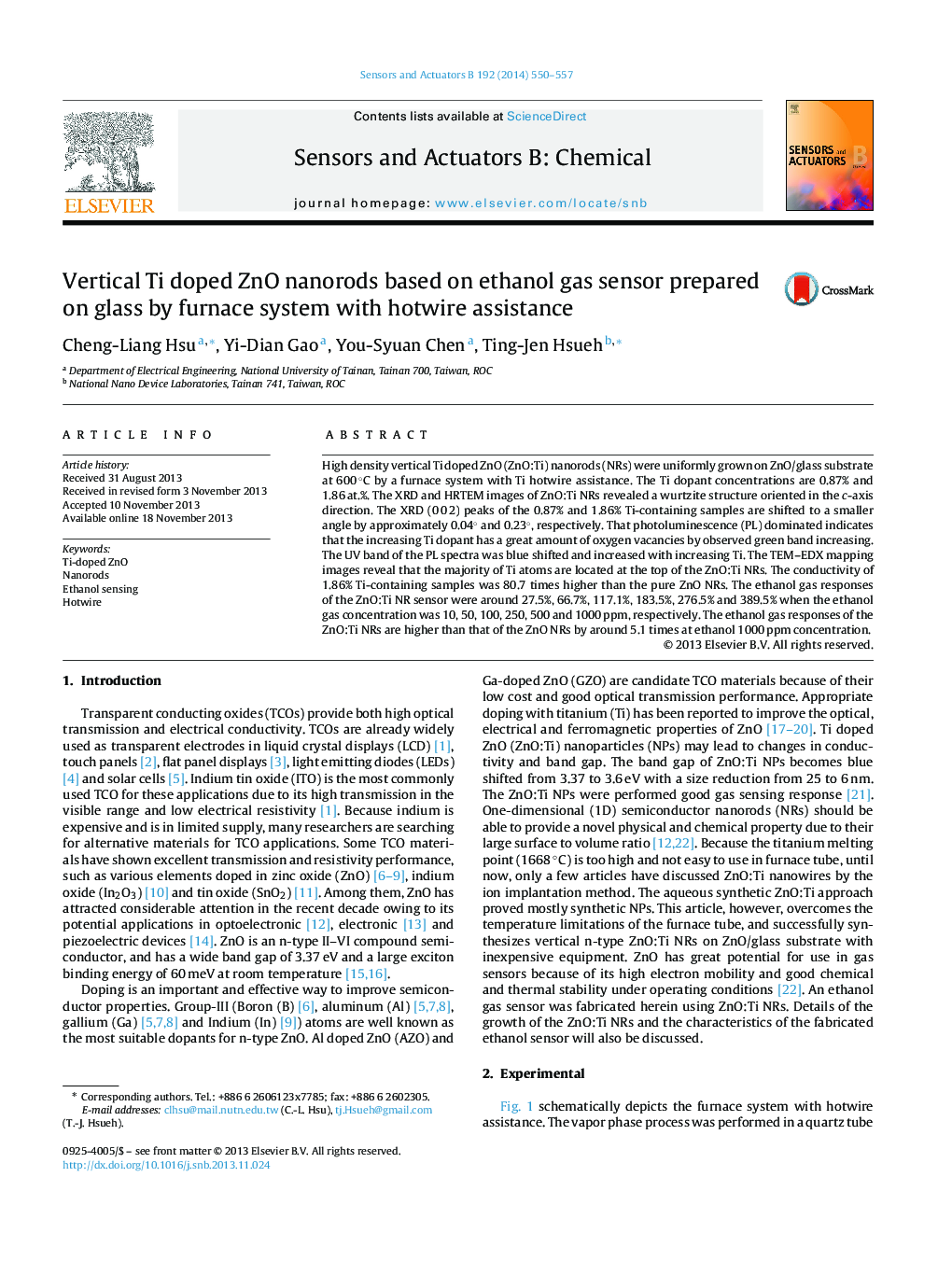 Vertical Ti doped ZnO nanorods based on ethanol gas sensor prepared on glass by furnace system with hotwire assistance