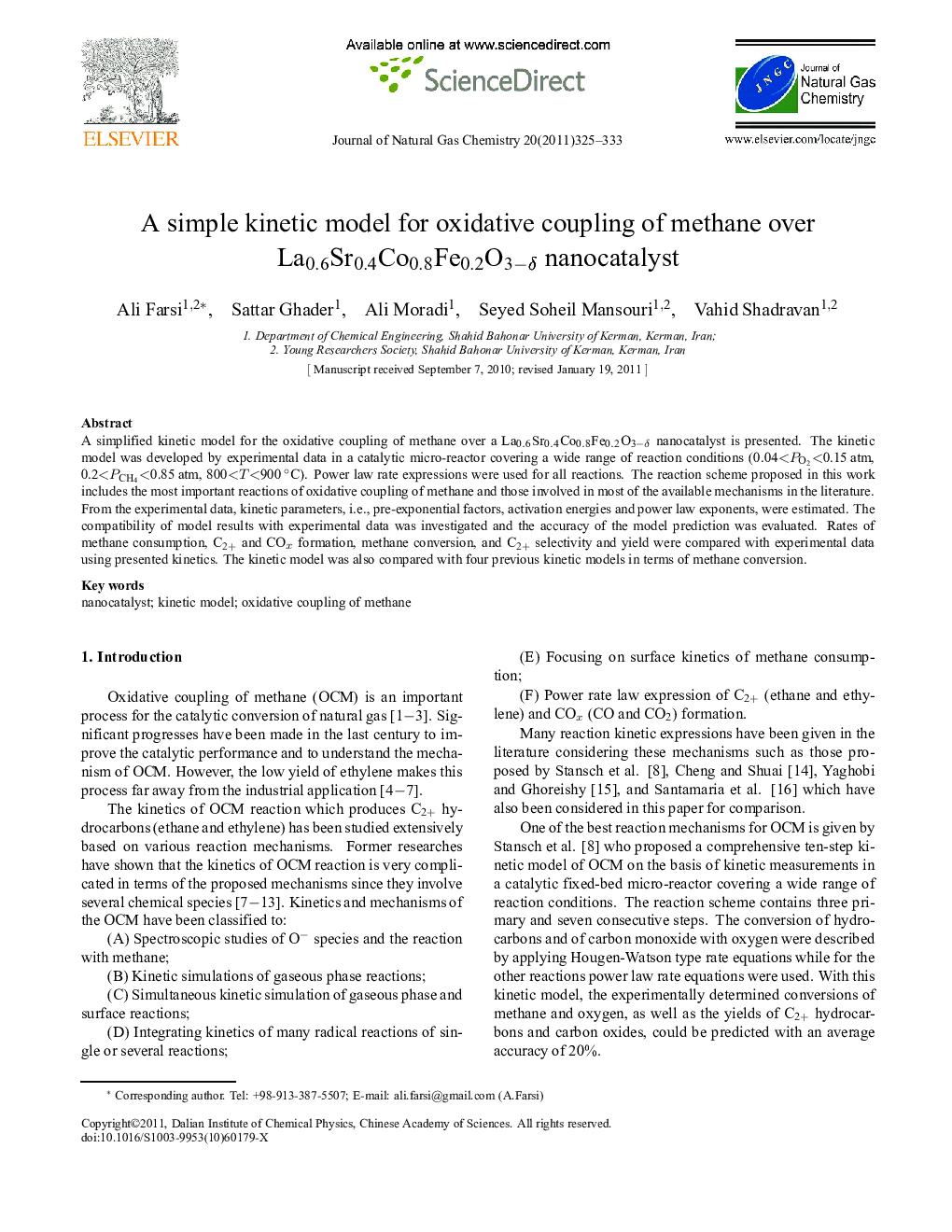 A simple kinetic model for oxidative coupling of methane over La0.6Sr0.4Co0.8Fe0.2O3-δ nanocatalyst