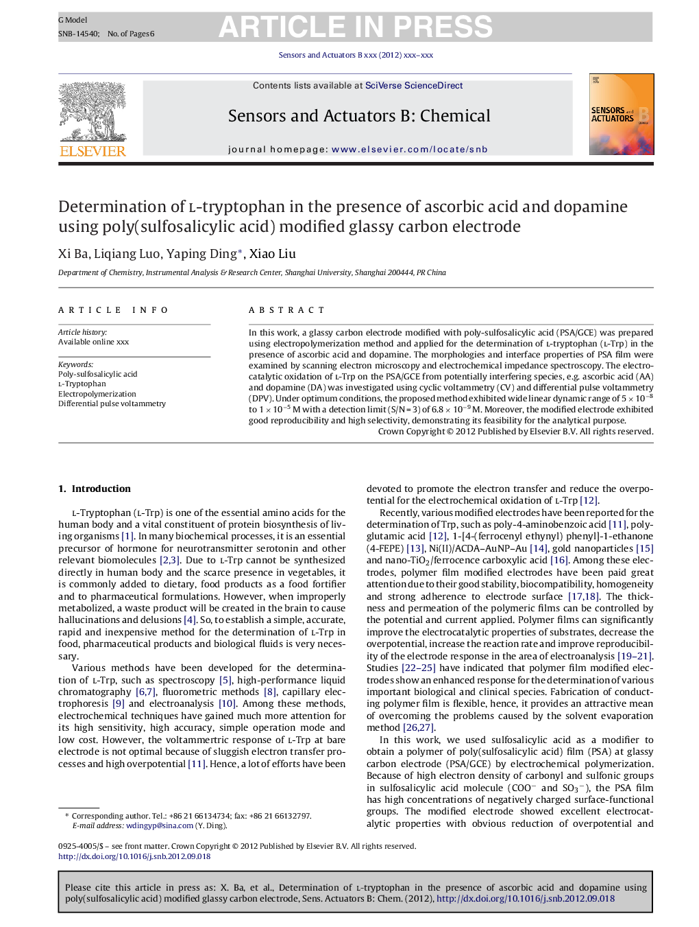 Determination of l-tryptophan in the presence of ascorbic acid and dopamine using poly(sulfosalicylic acid) modified glassy carbon electrode