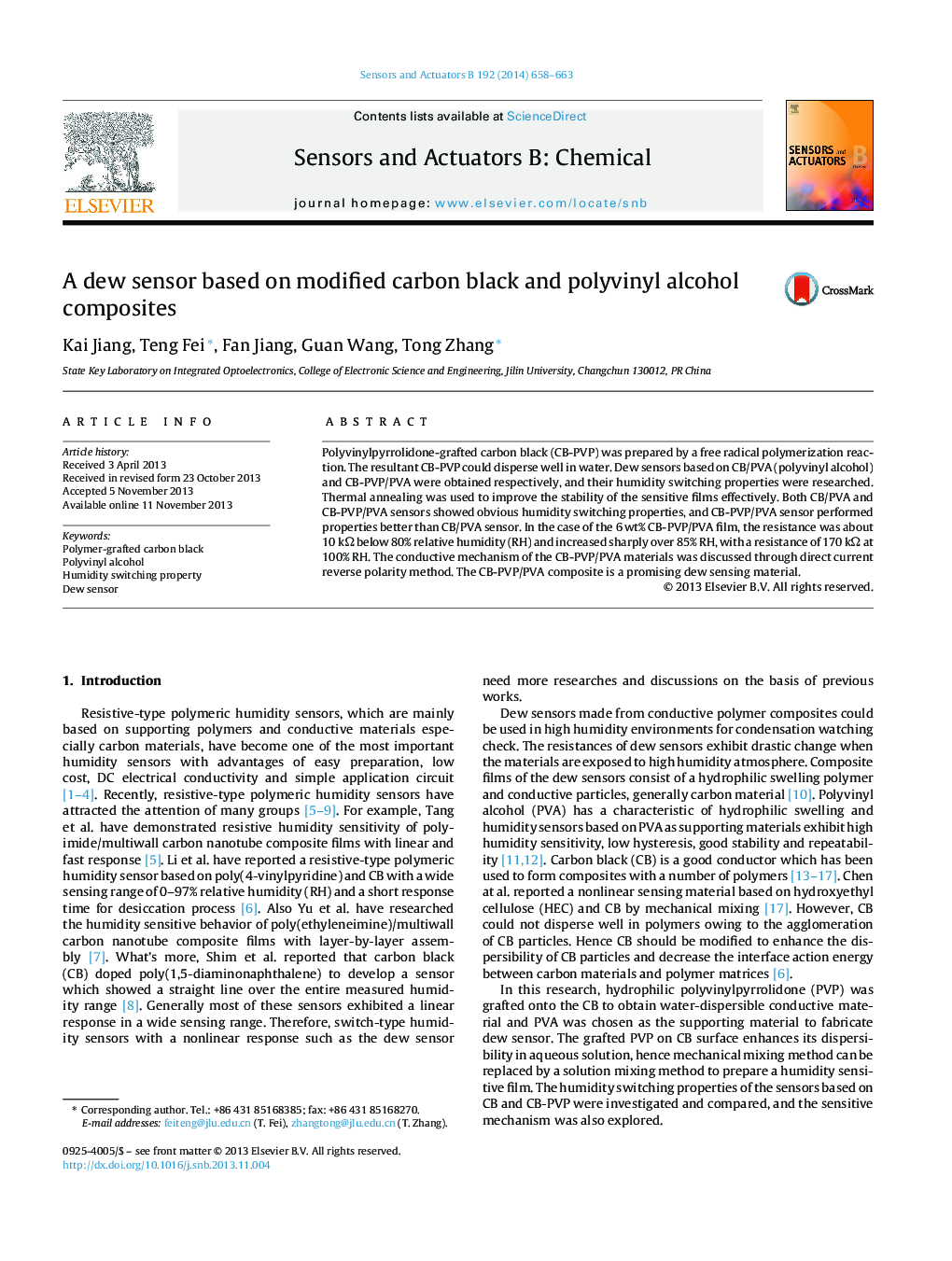 A dew sensor based on modified carbon black and polyvinyl alcohol composites