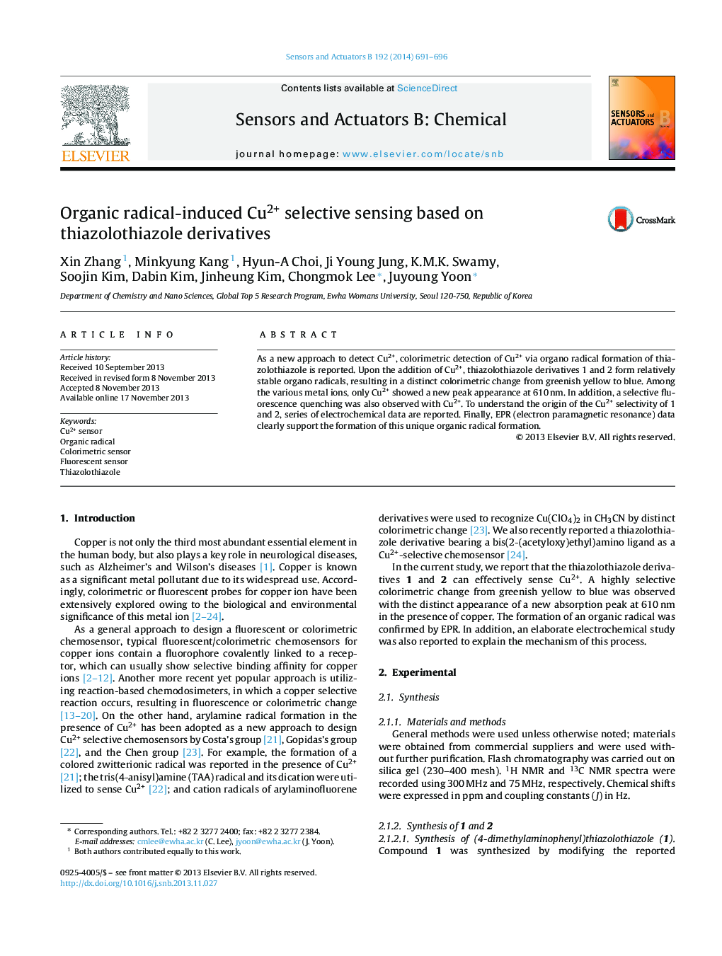 Organic radical-induced Cu2+ selective sensing based on thiazolothiazole derivatives