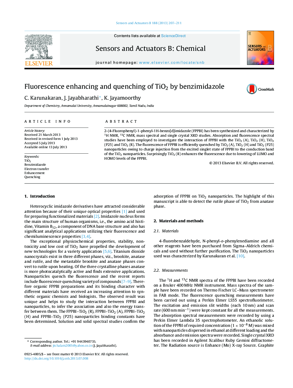 Fluorescence enhancing and quenching of TiO2 by benzimidazole