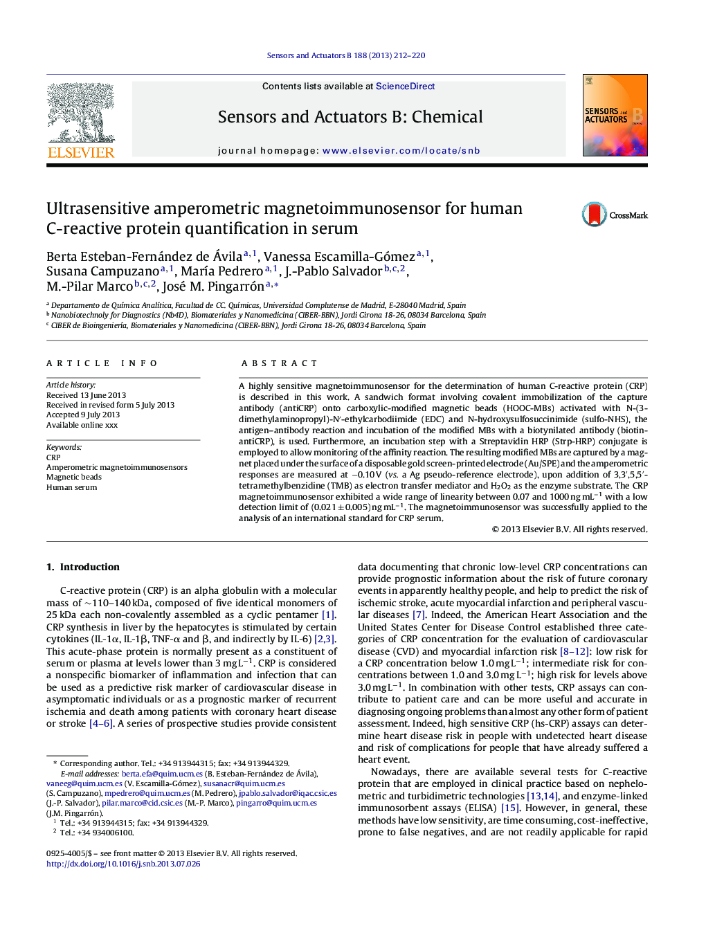 Ultrasensitive amperometric magnetoimmunosensor for human C-reactive protein quantification in serum