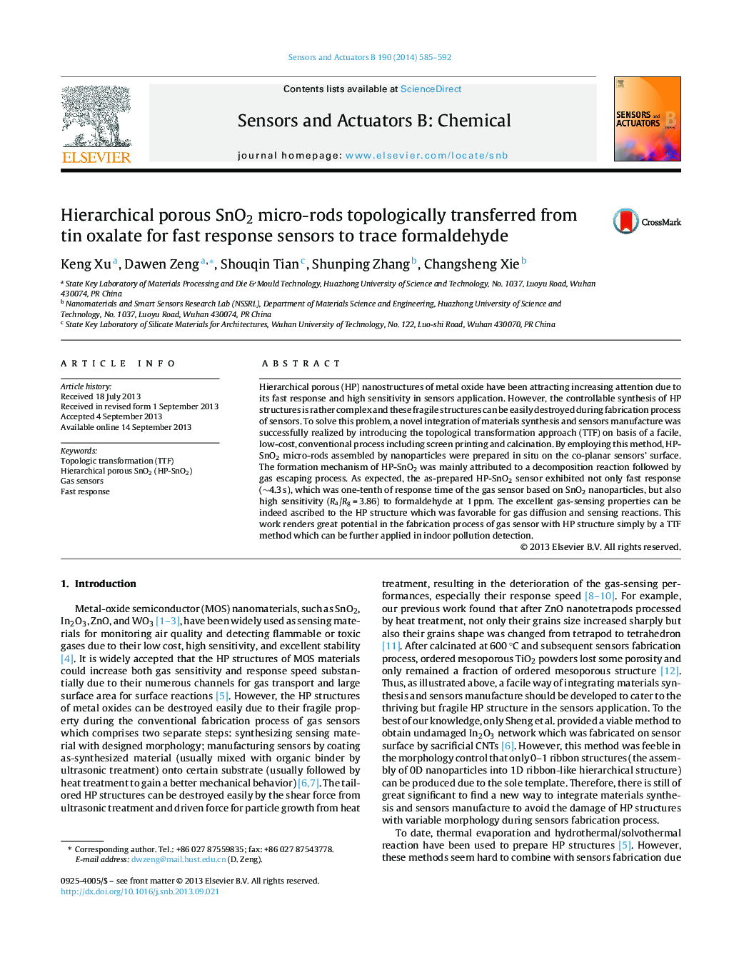 Hierarchical porous SnO2 micro-rods topologically transferred from tin oxalate for fast response sensors to trace formaldehyde