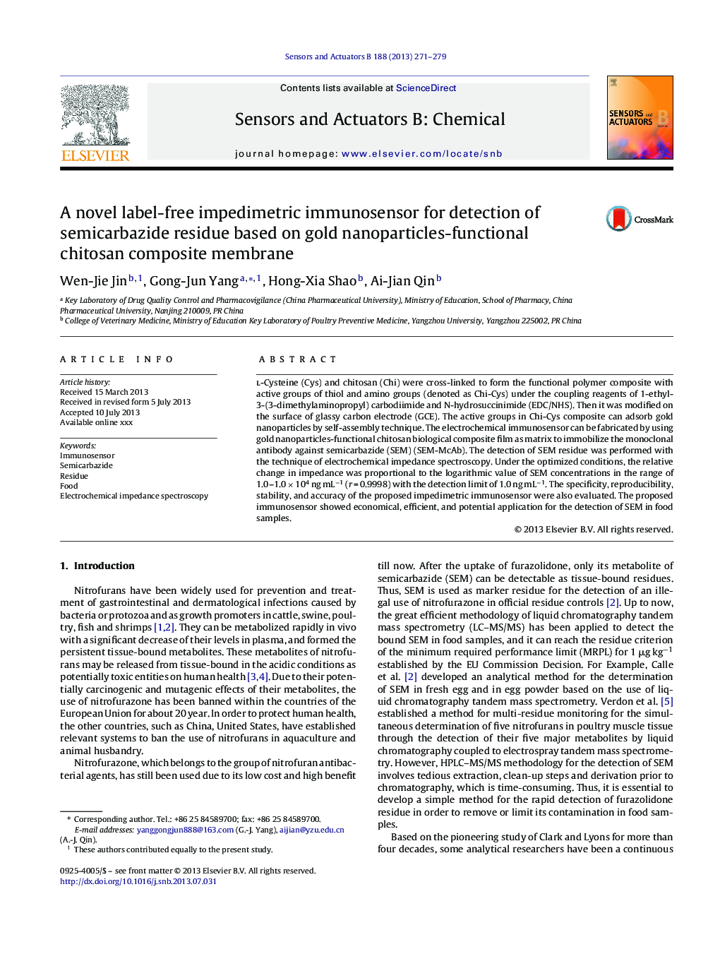 A novel label-free impedimetric immunosensor for detection of semicarbazide residue based on gold nanoparticles-functional chitosan composite membrane