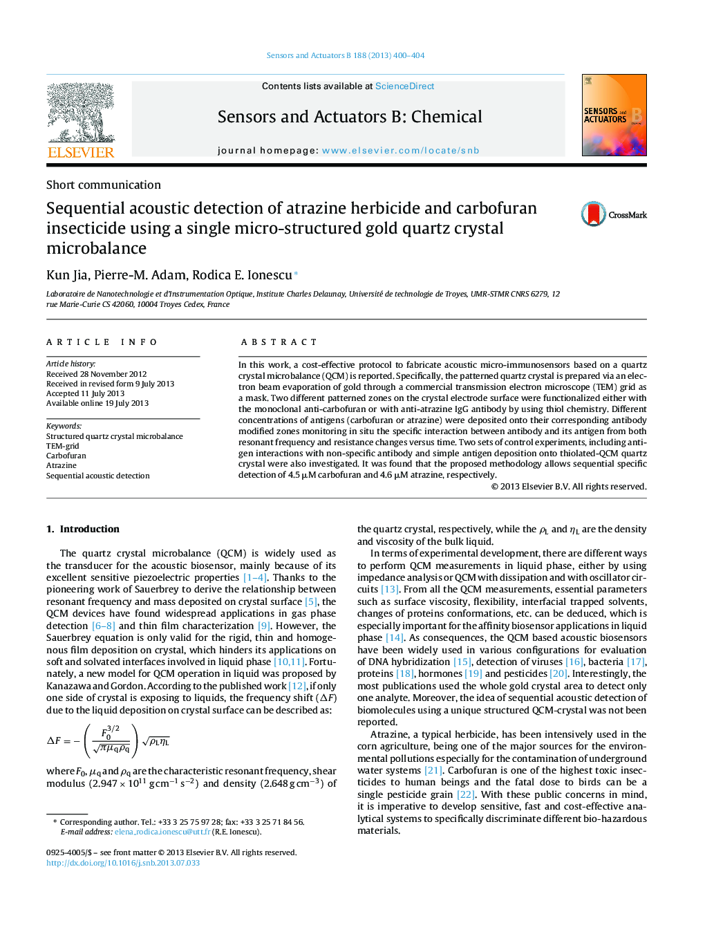 Sequential acoustic detection of atrazine herbicide and carbofuran insecticide using a single micro-structured gold quartz crystal microbalance