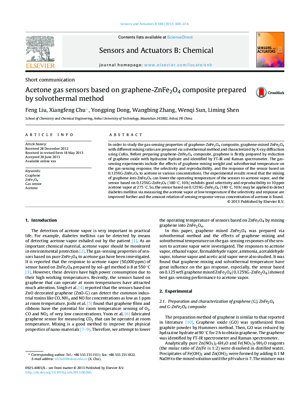 Acetone gas sensors based on graphene-ZnFe2O4 composite prepared by solvothermal method