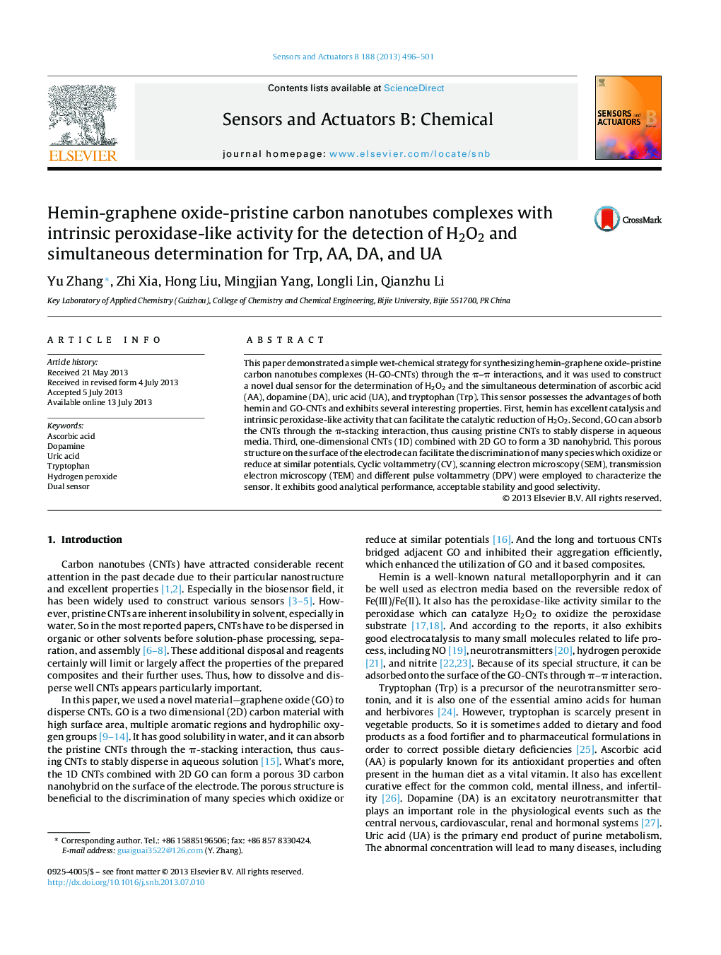 Hemin-graphene oxide-pristine carbon nanotubes complexes with intrinsic peroxidase-like activity for the detection of H2O2 and simultaneous determination for Trp, AA, DA, and UA