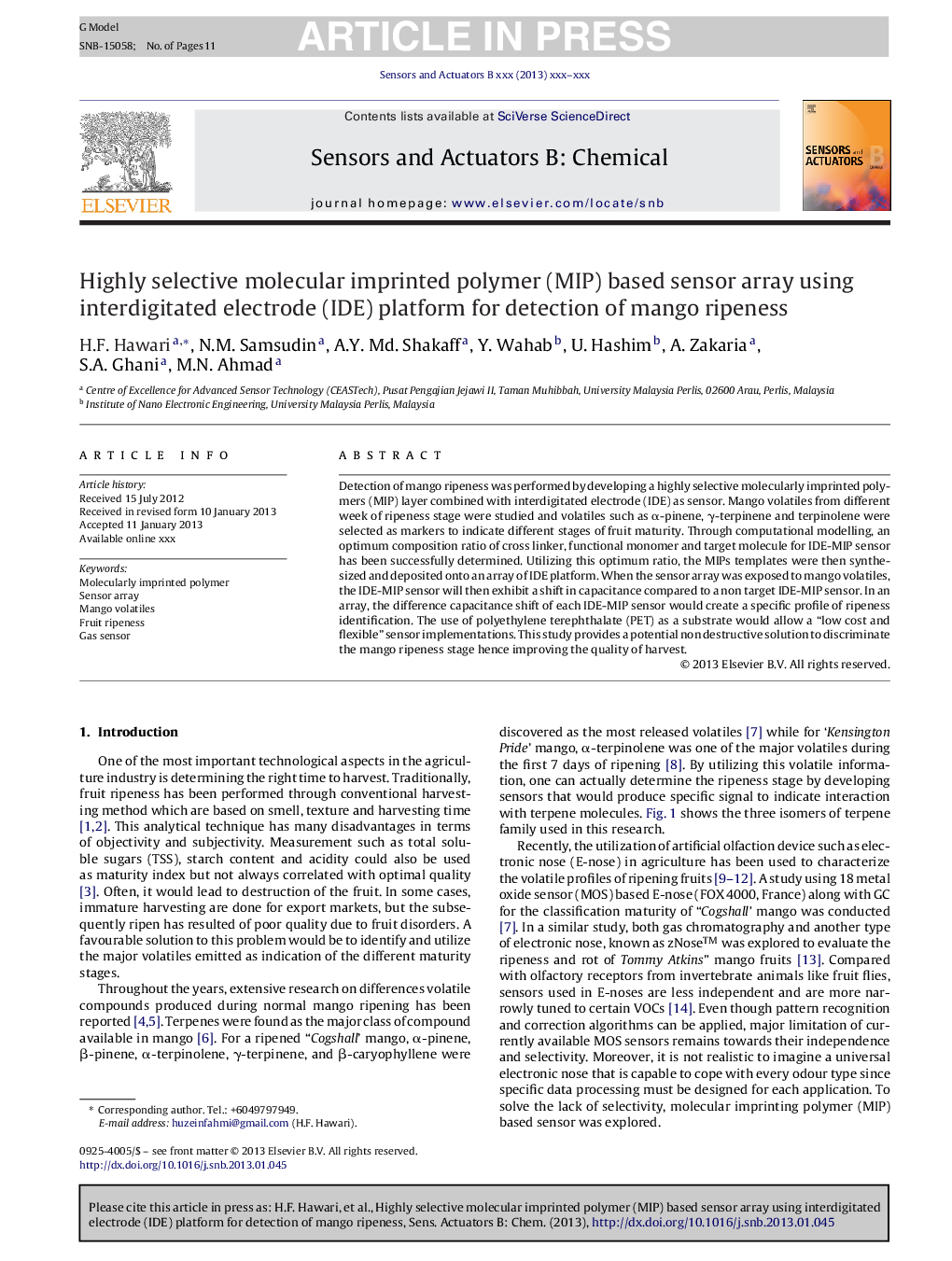 Highly selective molecular imprinted polymer (MIP) based sensor array using interdigitated electrode (IDE) platform for detection of mango ripeness