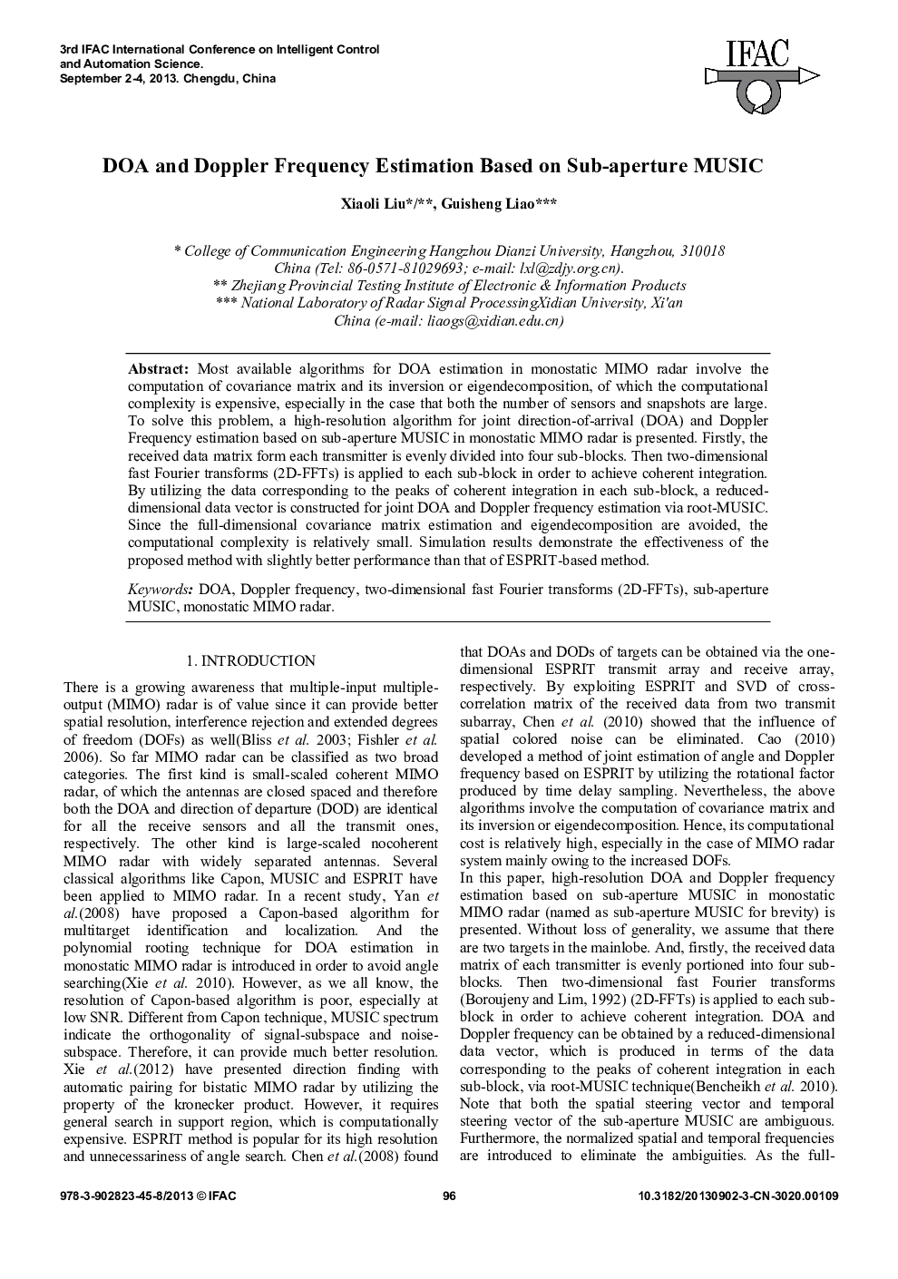 DOA and Doppler Frequency Estimation Based on Sub-aperture MUSIC