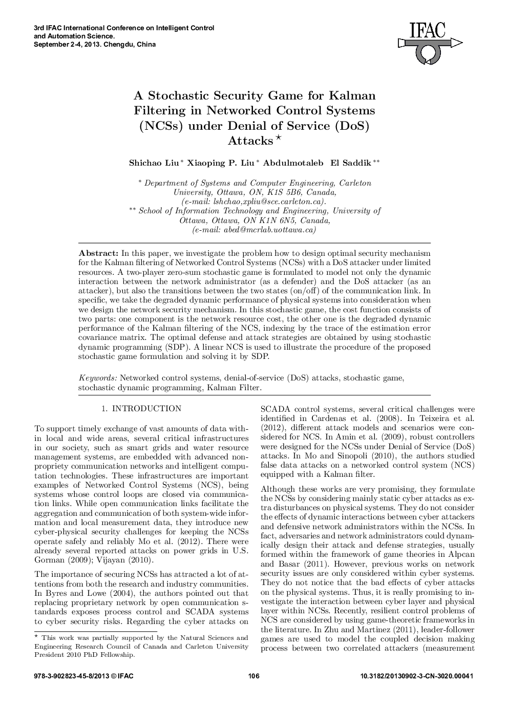 A Stochastic Security Game for Kalman Filtering in Networked Control Systems (NCSs) under Denial of Service (DoS) Attacks 