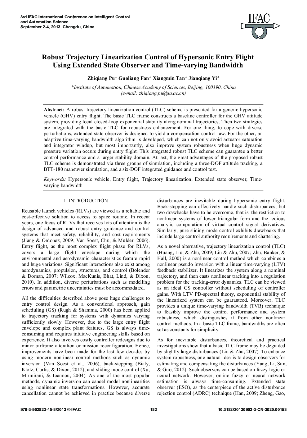 Robust Trajectory Linearization Control of Hypersonic Entry Flight Using Extended State Observer and Time-varying Bandwidth
