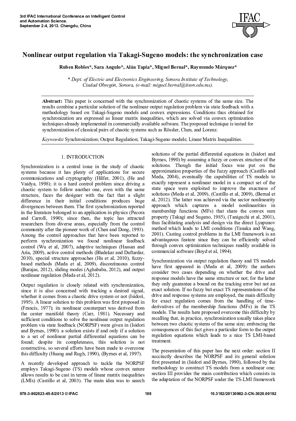 Nonlinear output regulation via Takagi-Sugeno models: the synchronization case