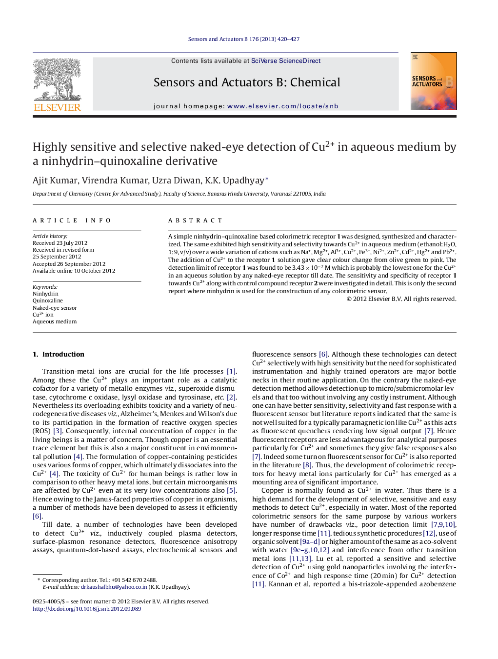 Highly sensitive and selective naked-eye detection of Cu2+ in aqueous medium by a ninhydrin-quinoxaline derivative