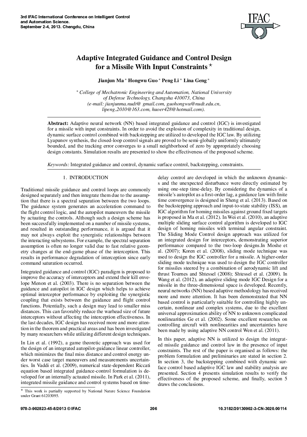 Adaptive Integrated Guidance and Control Design for a Missile With Input Constraints 