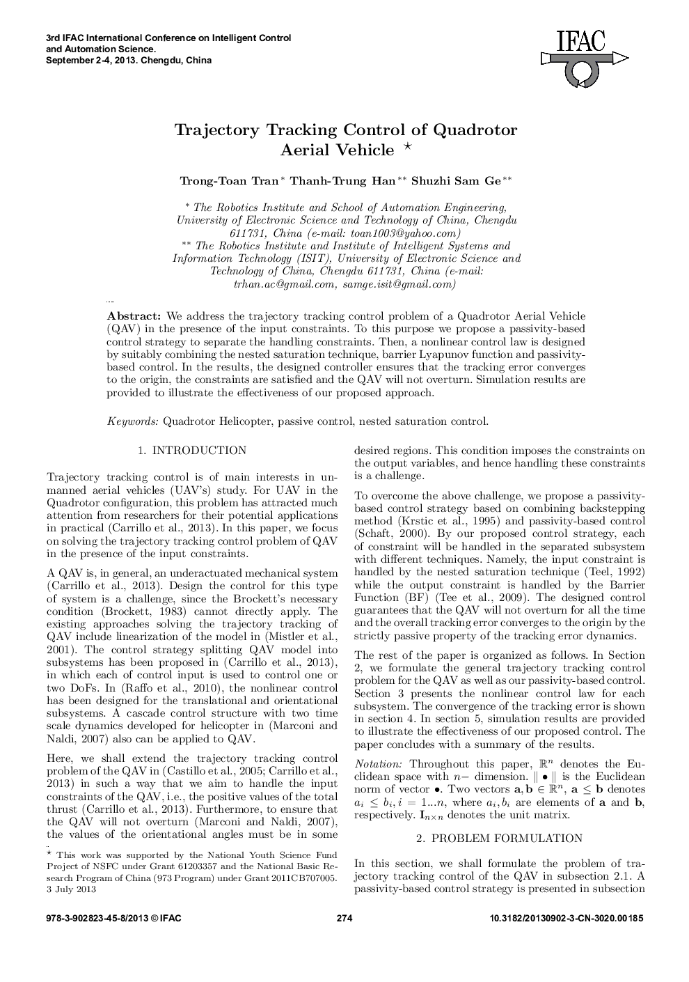 Trajectory Tracking Control of Quadrotor Aerial Vehicle 