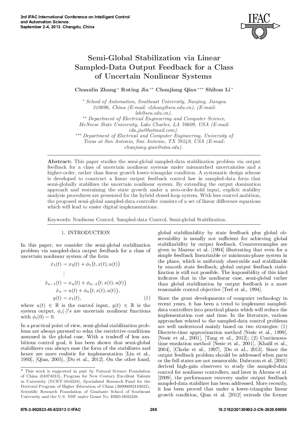 Semi-Global Stabilization via Linear Sampled-Data Output Feedback for a Class of Uncertain Nonlinear Systems 