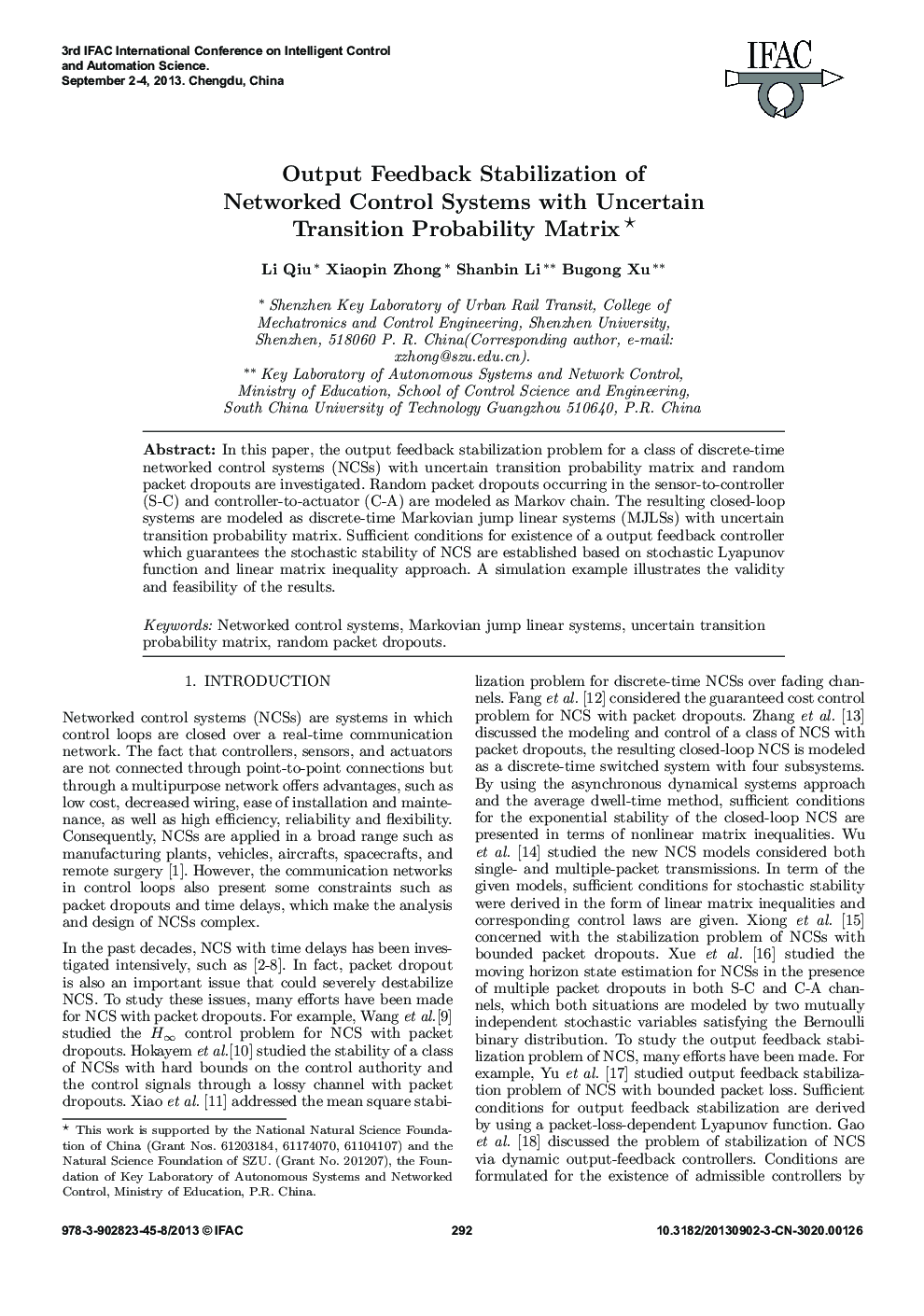 Output Feedback Stabilization of Networked Control Systems with Uncertain Transition Probability Matrix 
