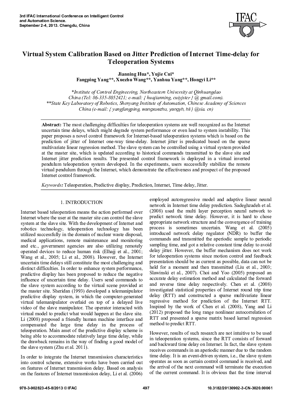 Virtual System Calibration Based on Jitter Prediction of Internet Time-delay for Teleoperation Systems