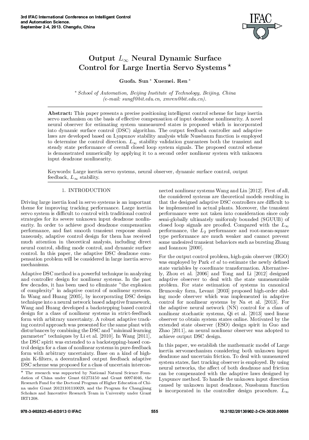 Output L∞ Neural Dynamic Surface Control for Large Inertia Servo Systems 