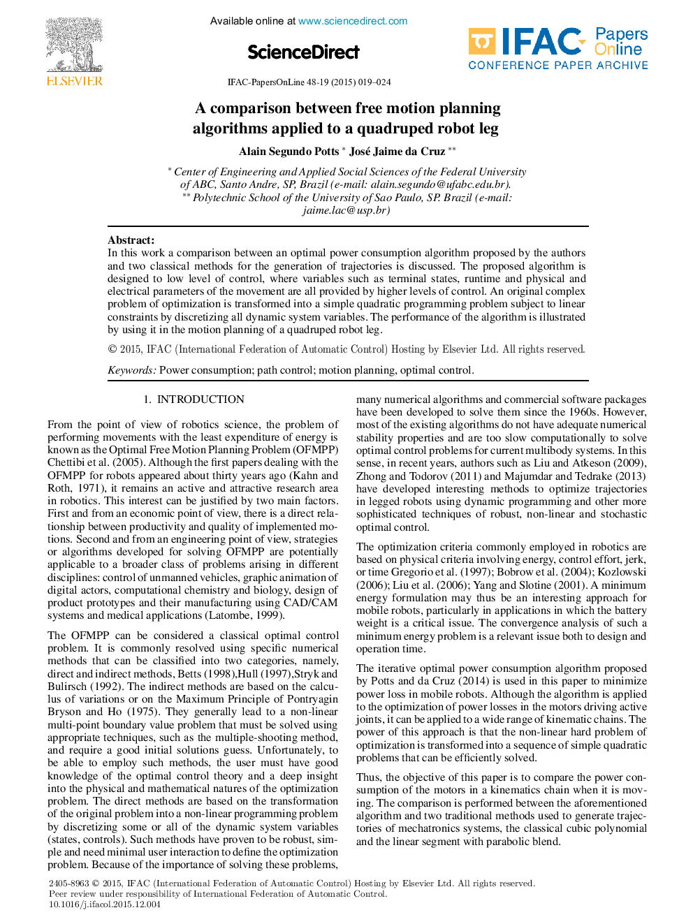 A comparison between free motion planning algorithms applied to a quadruped robot leg