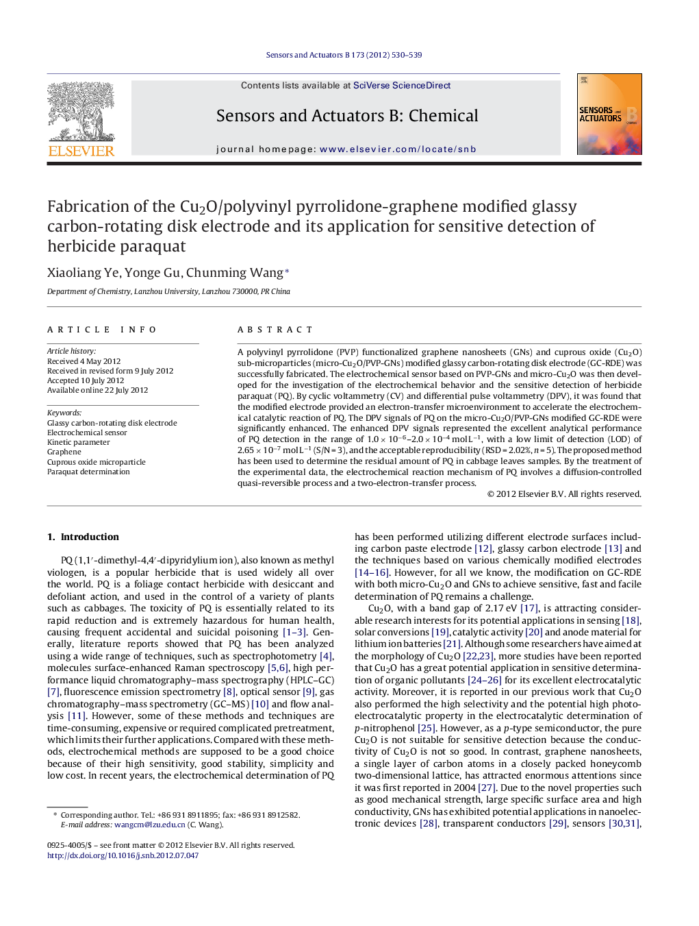 Fabrication of the Cu2O/polyvinyl pyrrolidone-graphene modified glassy carbon-rotating disk electrode and its application for sensitive detection of herbicide paraquat