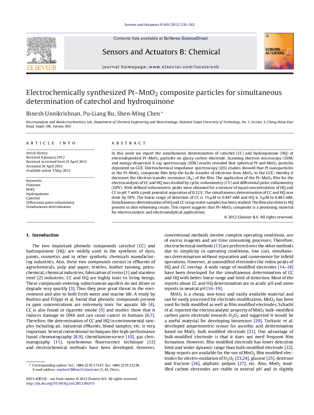 عکس صفحه اول مقاله: Electrochemically synthesized Pt-MnO2 composite particles for simultaneous determination of catechol and hydroquinone Electrochemically synthesized Pt-MnO2 composite particles for simultaneous determination of catechol and hydroquinone