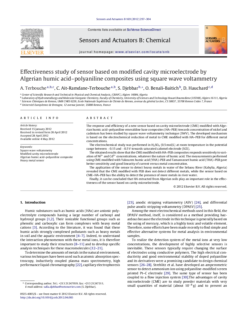 عکس صفحه اول مقاله: Effectiveness study of sensor based on modified cavity microelectrode by Algerian humic acid-polyaniline composites using square wave voltammetry Effectiveness study of sensor based on modified cavity microelectrode by Algerian humic acid-polyaniline composites using square wave voltammetry