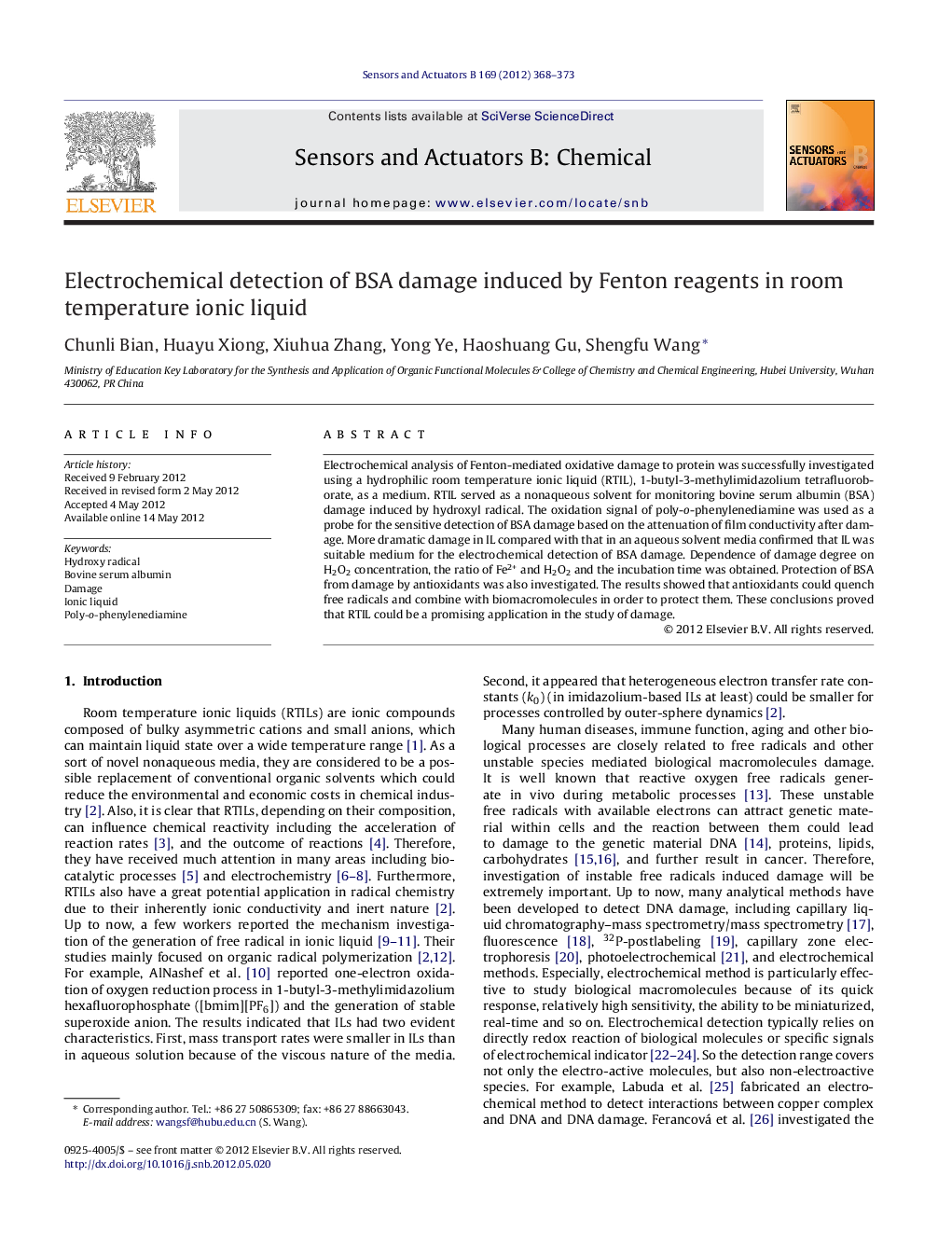 Electrochemical detection of BSA damage induced by Fenton reagents in room temperature ionic liquid