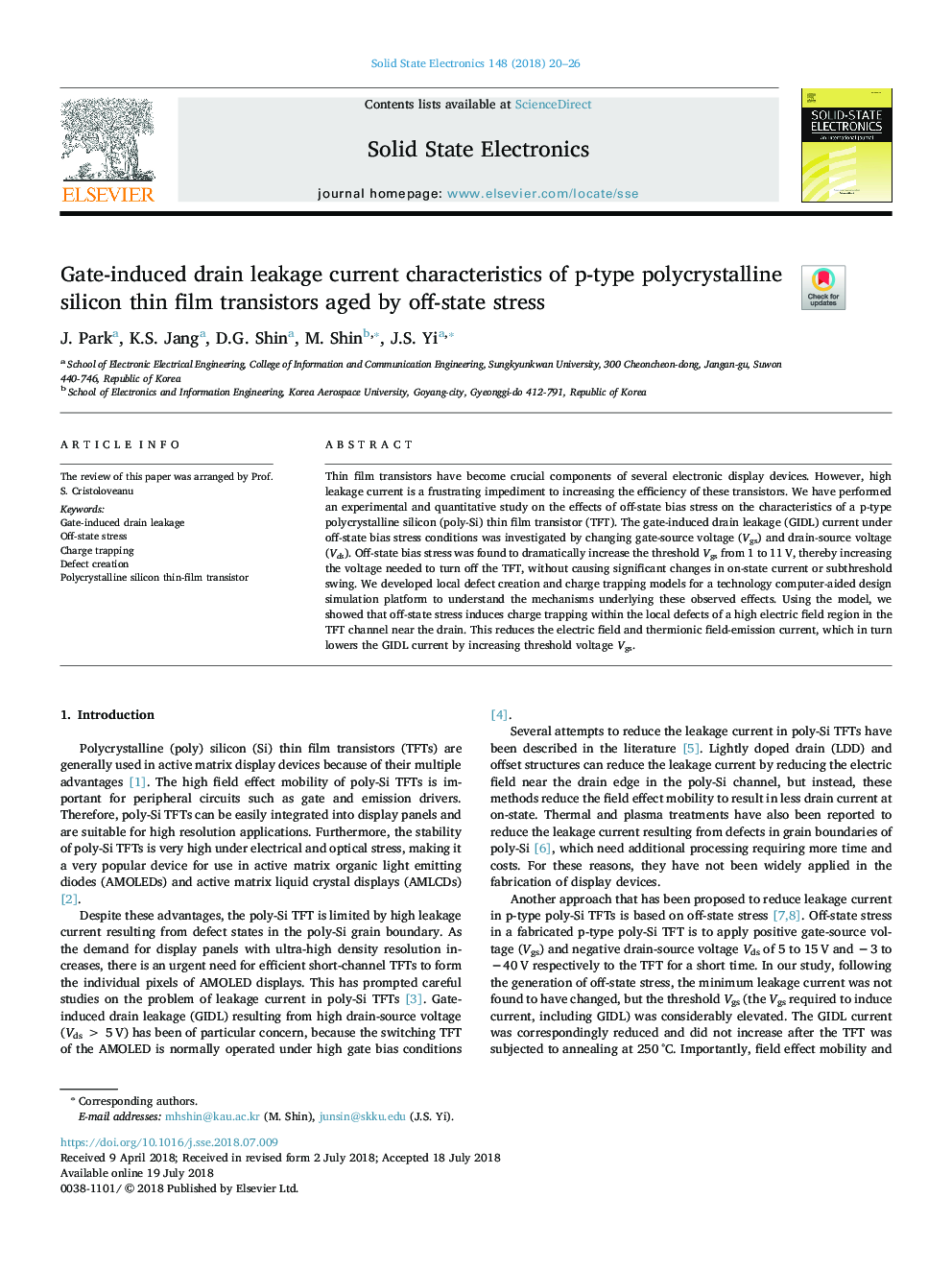 Gate-induced drain leakage current characteristics of p-type polycrystalline silicon thin film transistors aged by off-state stress