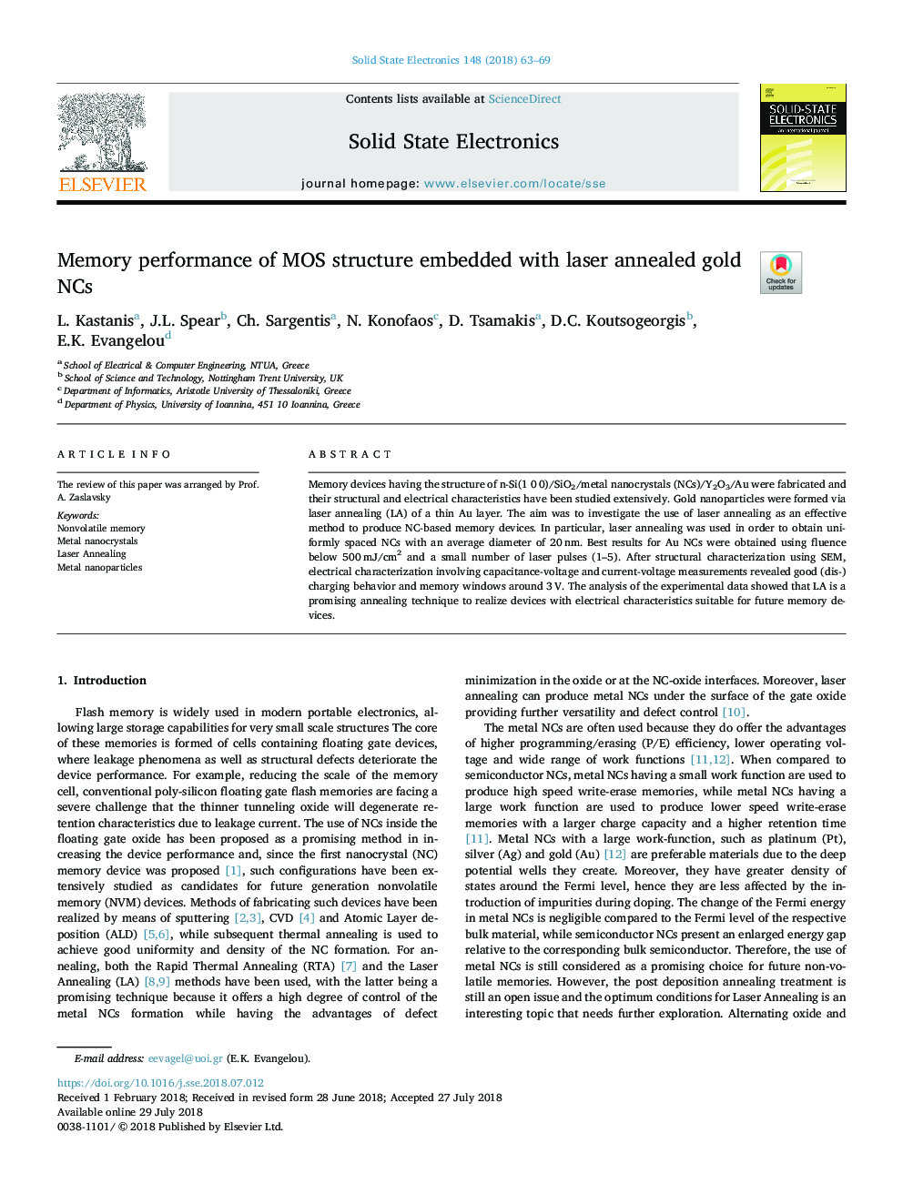 Memory performance of MOS structure embedded with laser annealed gold NCs