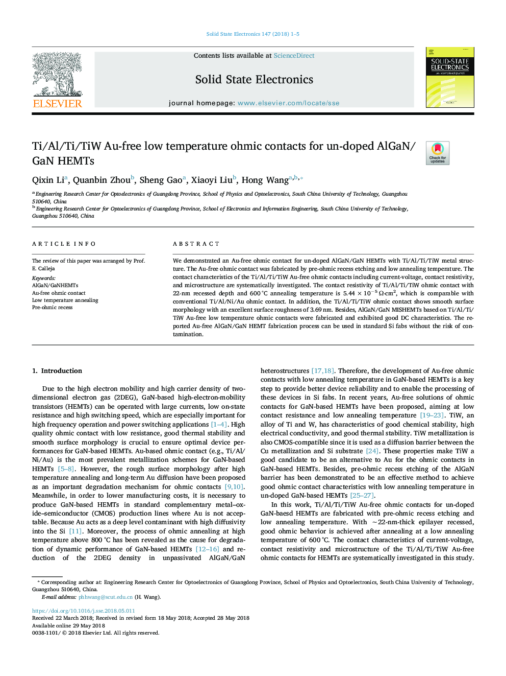 Ti/Al/Ti/TiW Au-free low temperature ohmic contacts for un-doped AlGaN/GaN HEMTs