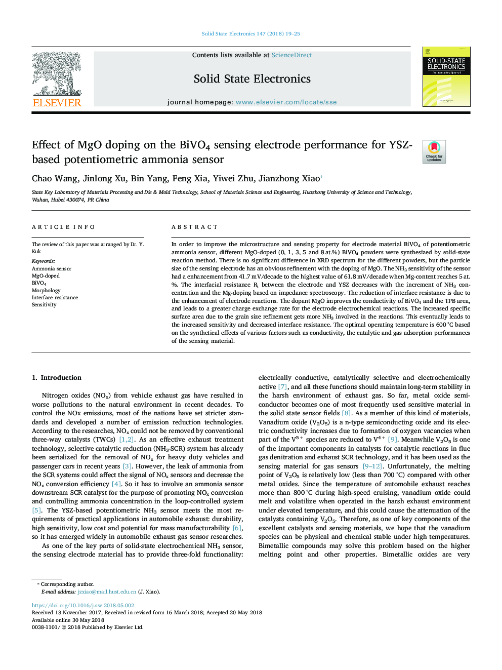 Effect of MgO doping on the BiVO4 sensing electrode performance for YSZ-based potentiometric ammonia sensor