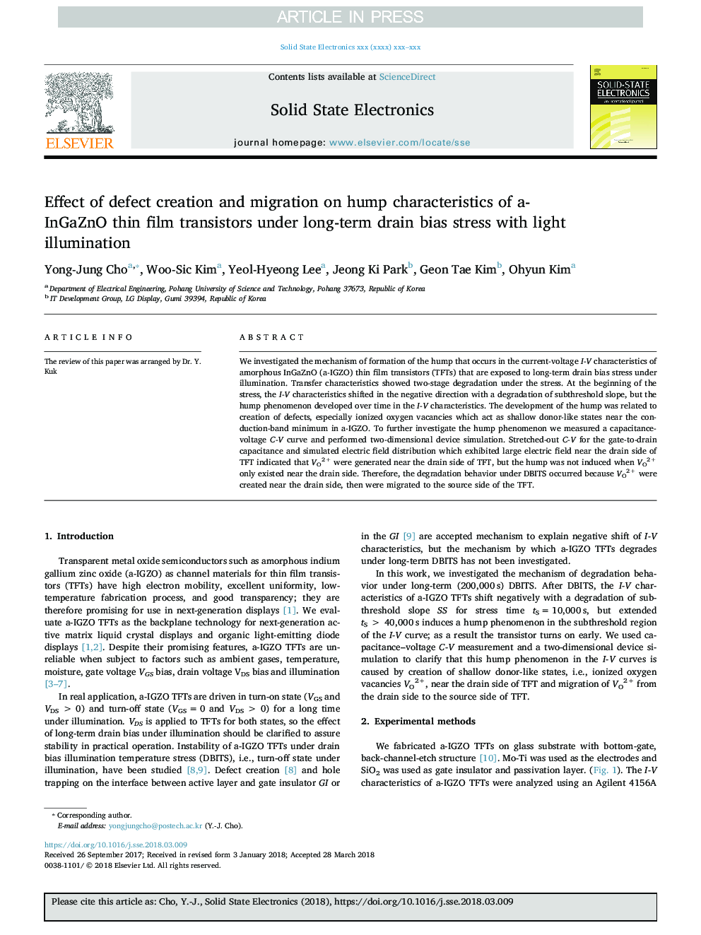 Effect of defect creation and migration on hump characteristics of a-InGaZnO thin film transistors under long-term drain bias stress with light illumination