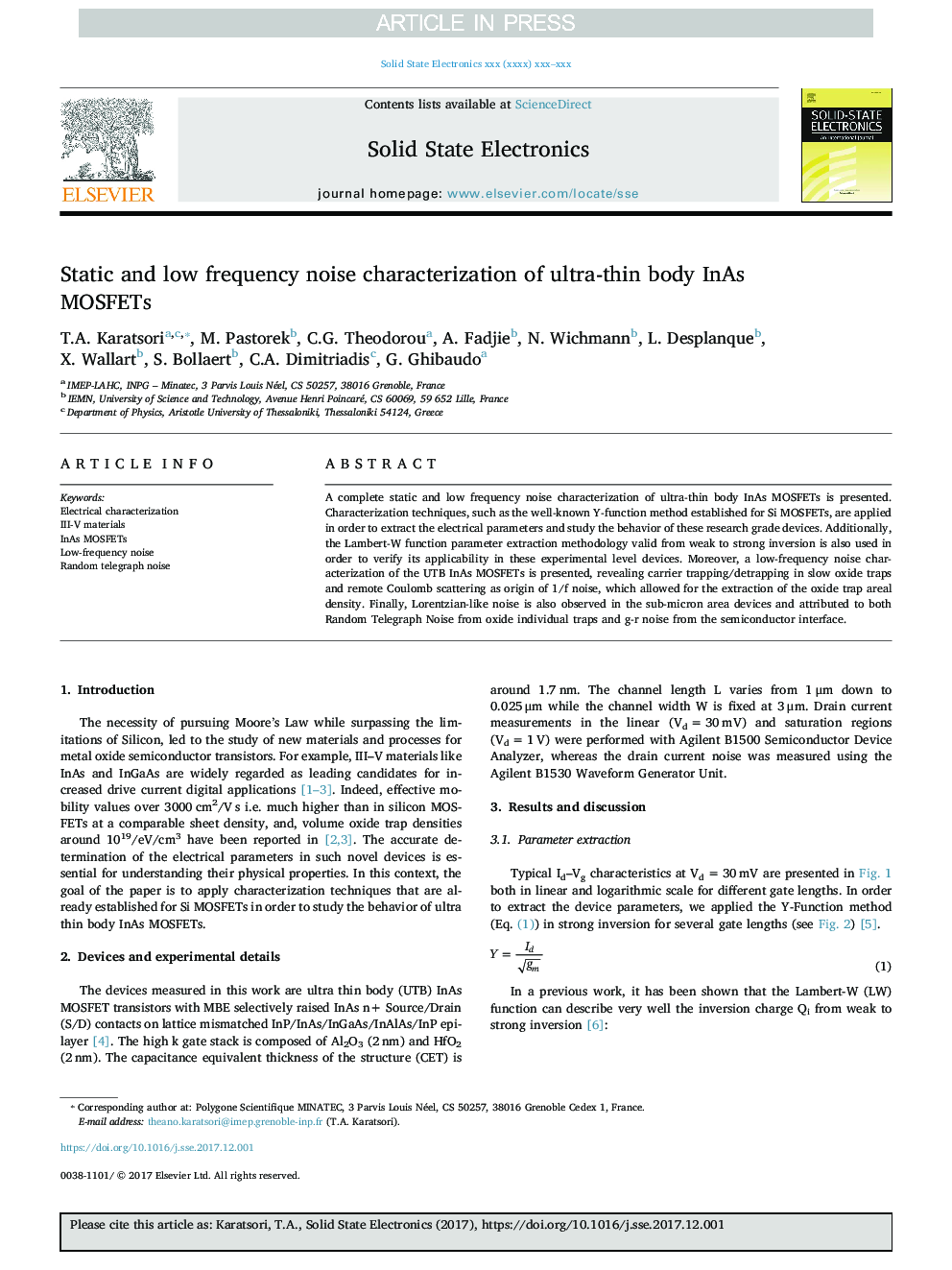 Static and low frequency noise characterization of ultra-thin body InAs MOSFETs