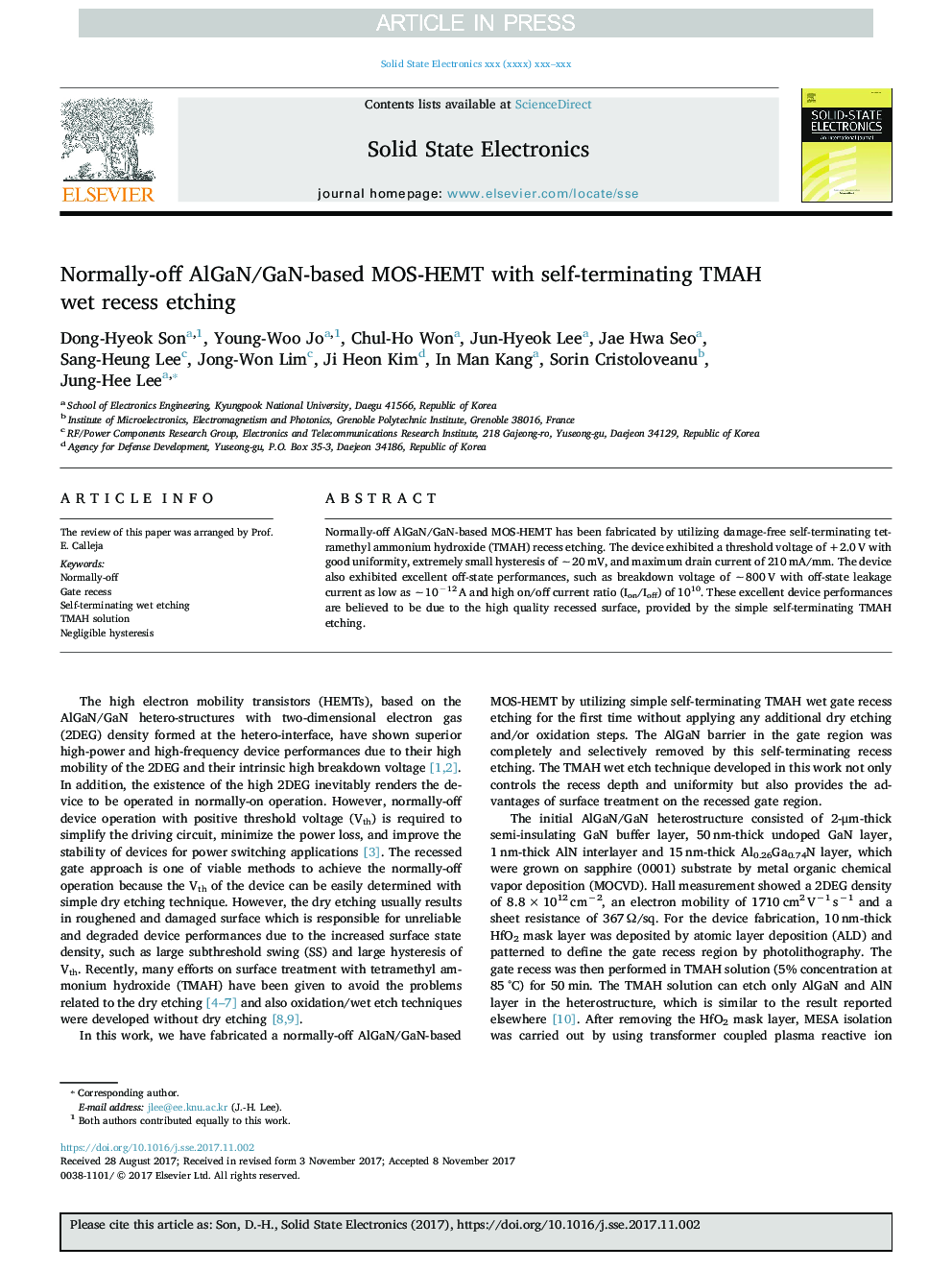 Normally-off AlGaN/GaN-based MOS-HEMT with self-terminating TMAH wet recess etching