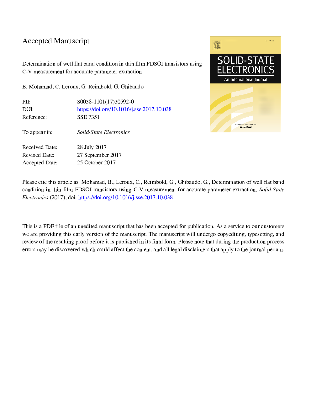 عکس صفحه اول مقاله: Determination of well flat band condition in thin film FDSOI transistors using C-V measurement for accurate parameter extraction Determination of well flat band condition in thin film FDSOI transistors using C-V measurement for accurate parameter extraction
