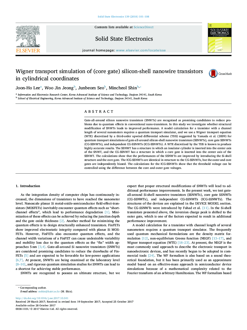 عکس صفحه اول مقاله: Wigner transport simulation of (core gate) silicon-shell nanowire transistors in cylindrical coordinates Wigner transport simulation of (core gate) silicon-shell nanowire transistors in cylindrical coordinates