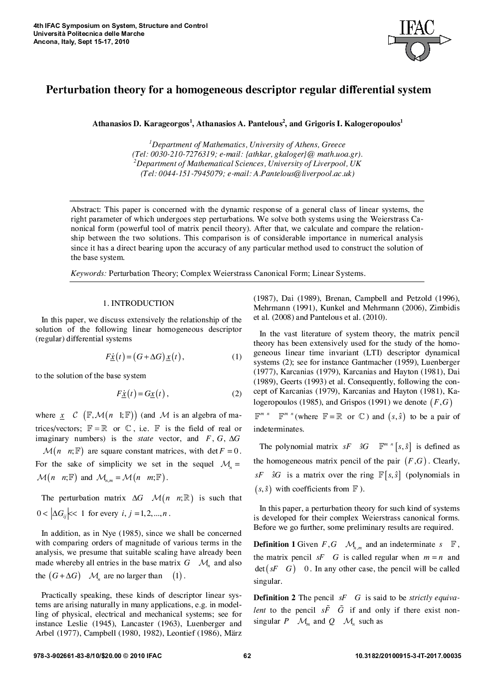 Perturbation theory for a homogeneous descriptor regular differential system