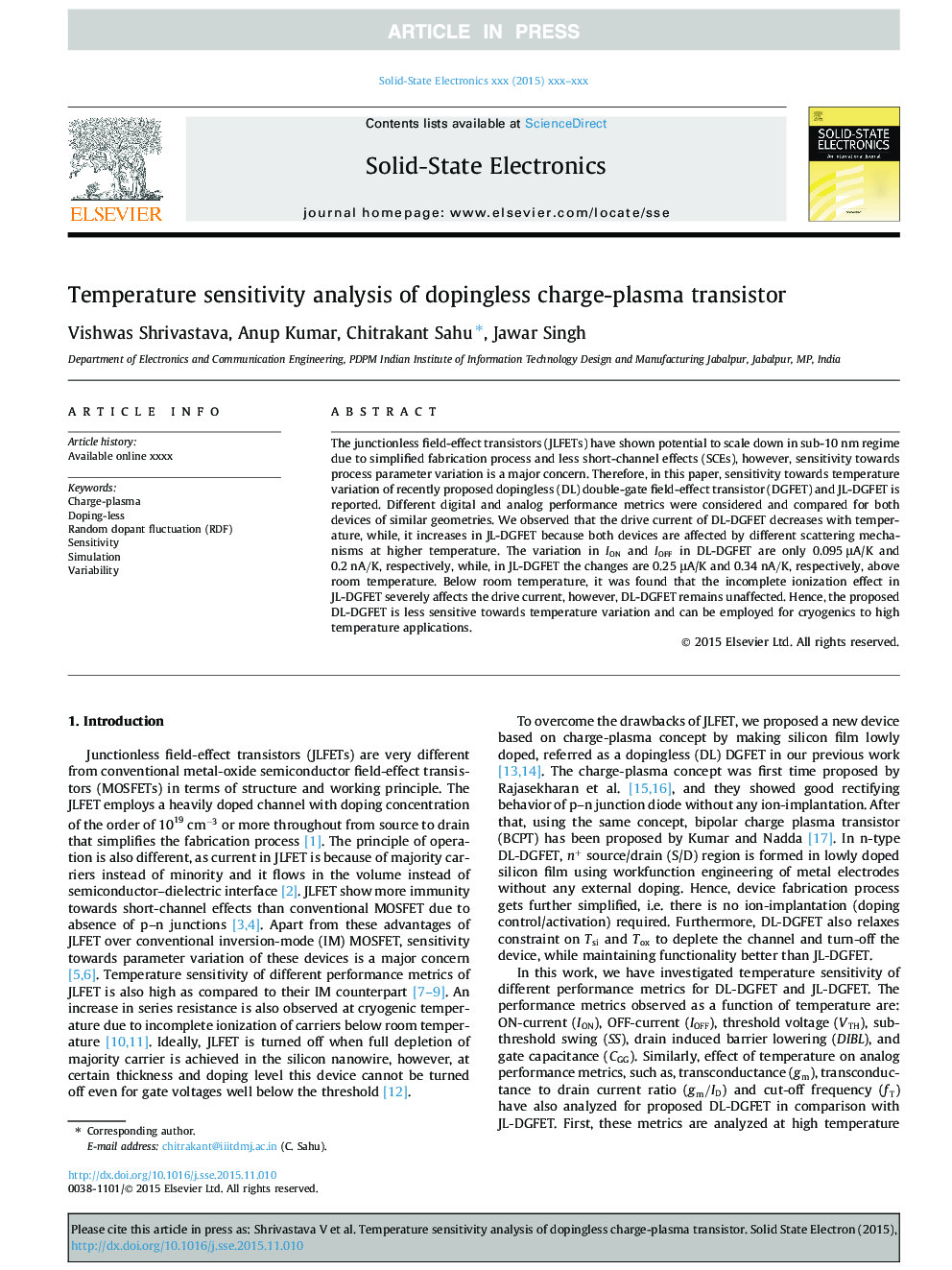 Temperature sensitivity analysis of dopingless charge-plasma transistor